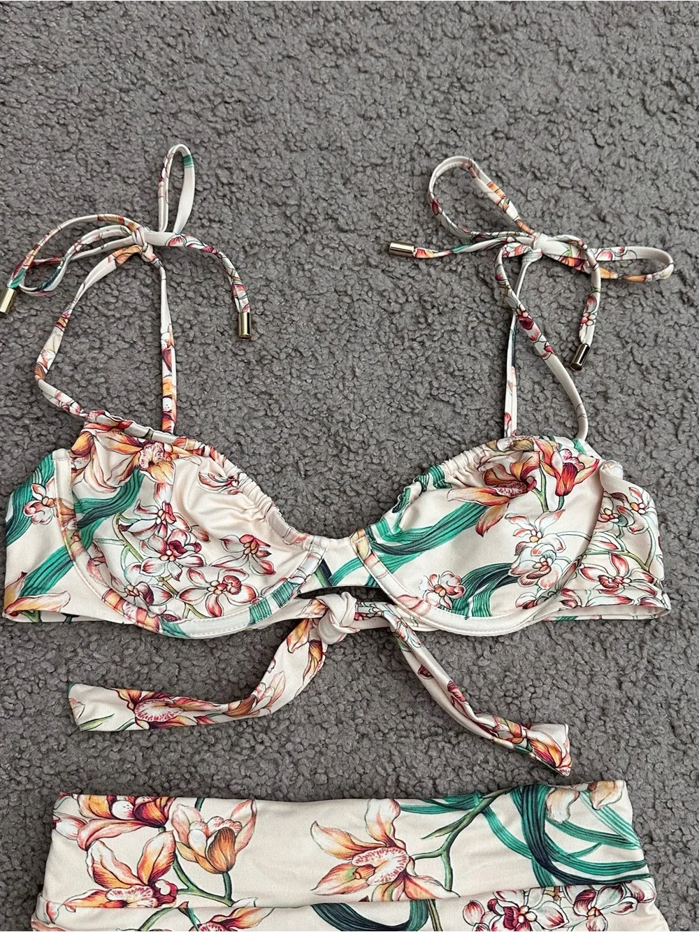 Monday Swimwear Floral Bikini Top High Waist Bottoms Cream Green Womens S